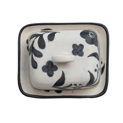Hand-Painted Stoneware Butter Dish with Floral Design