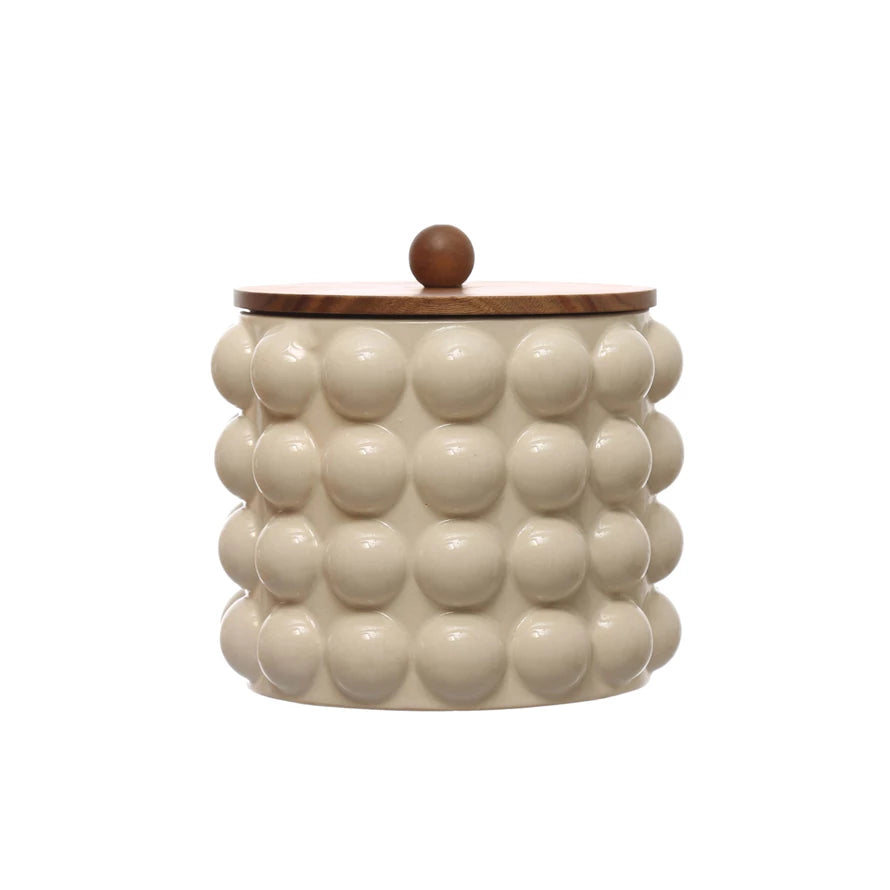 Stoneware Canister with Raised Dots and Acacia Wood Lid