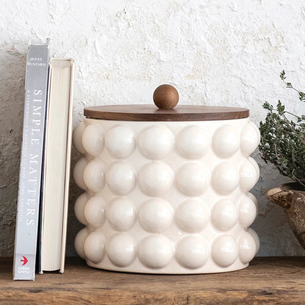 Stoneware Canister with Raised Dots and Acacia Wood Lid