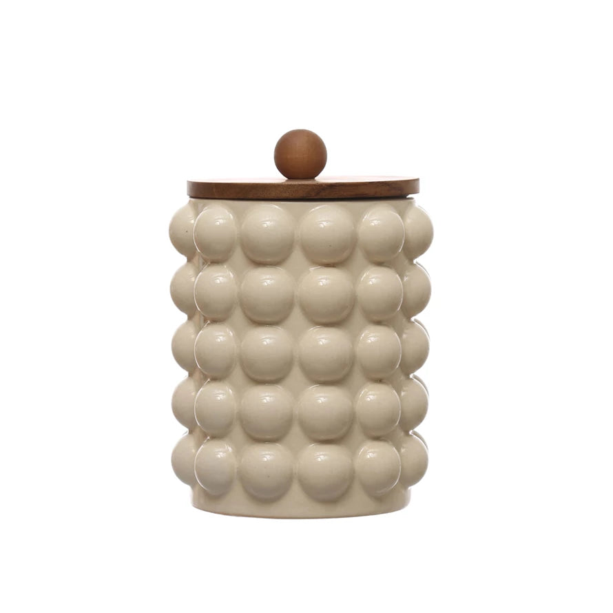 Stoneware Canister with Raised Dots and Acacia Wood Lid