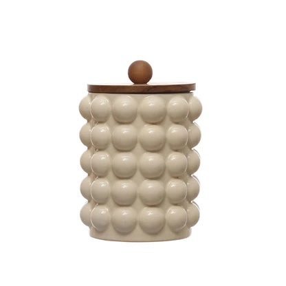 Stoneware Canister with Raised Dots and Acacia Wood Lid