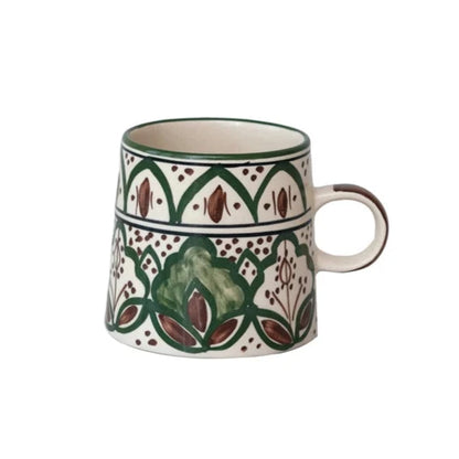 Cream, Brown, & Green Hand-Painted Stoneware Mug