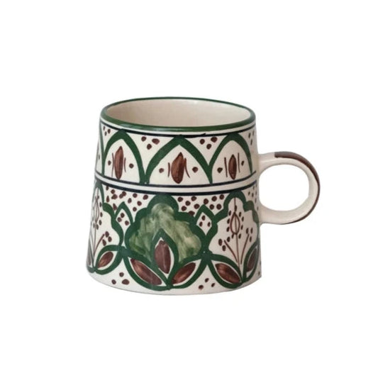 Cream, Brown, & Green Hand-Painted Stoneware Mug