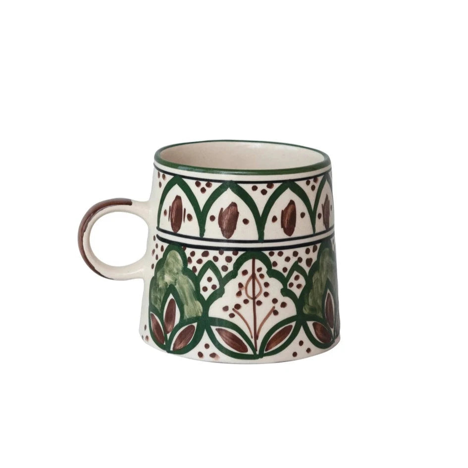 Cream, Brown, & Green Hand-Painted Stoneware Mug