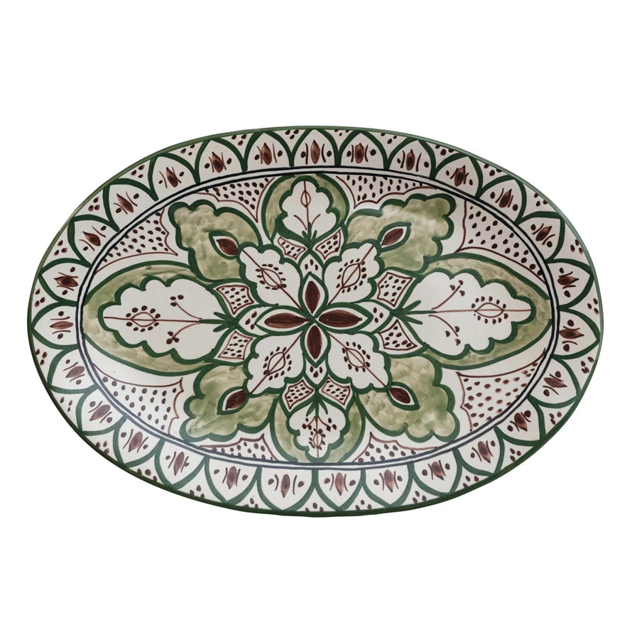 Cream, Brown, & Green Hand-Painted Stoneware Platter