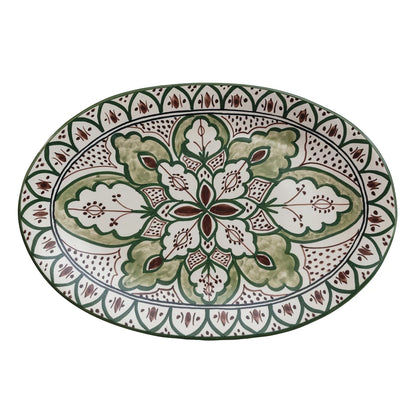Cream, Brown, & Green Hand-Painted Stoneware Platter
