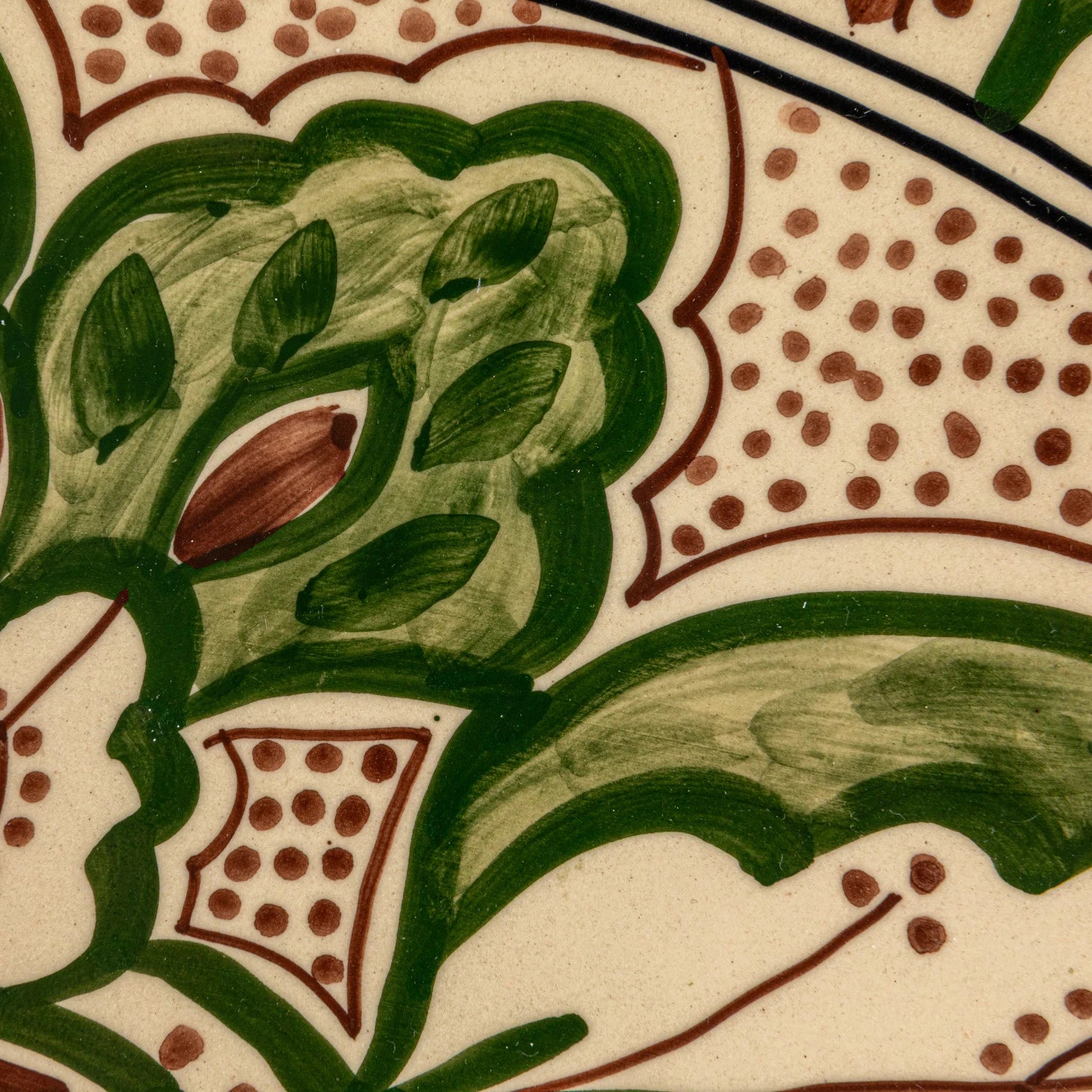 Cream, Brown, & Green Hand-Painted Stoneware Platter