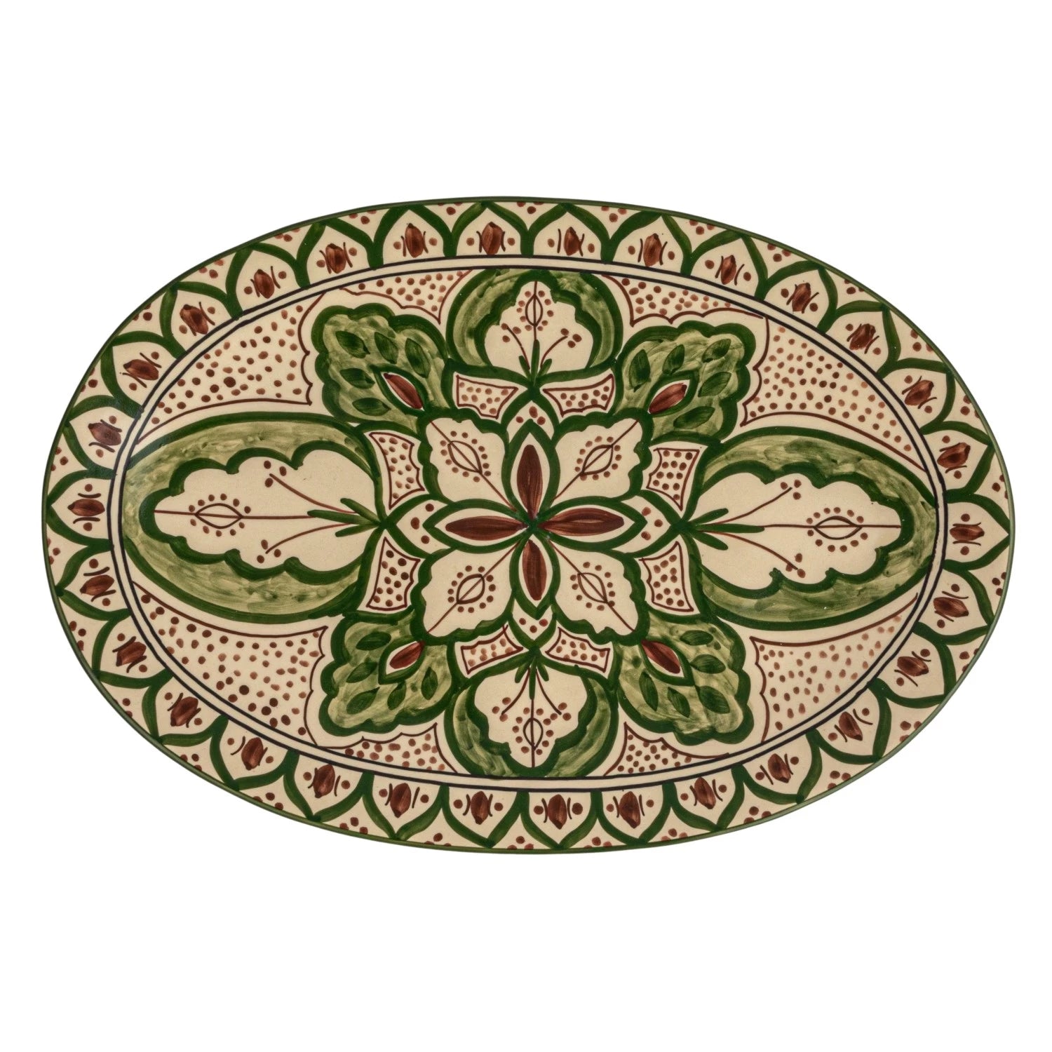 Cream, Brown, & Green Hand-Painted Stoneware Platter