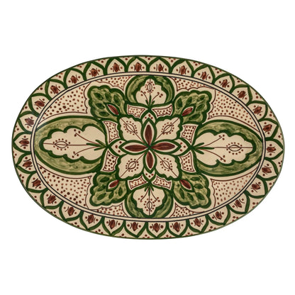Cream, Brown, & Green Hand-Painted Stoneware Platter