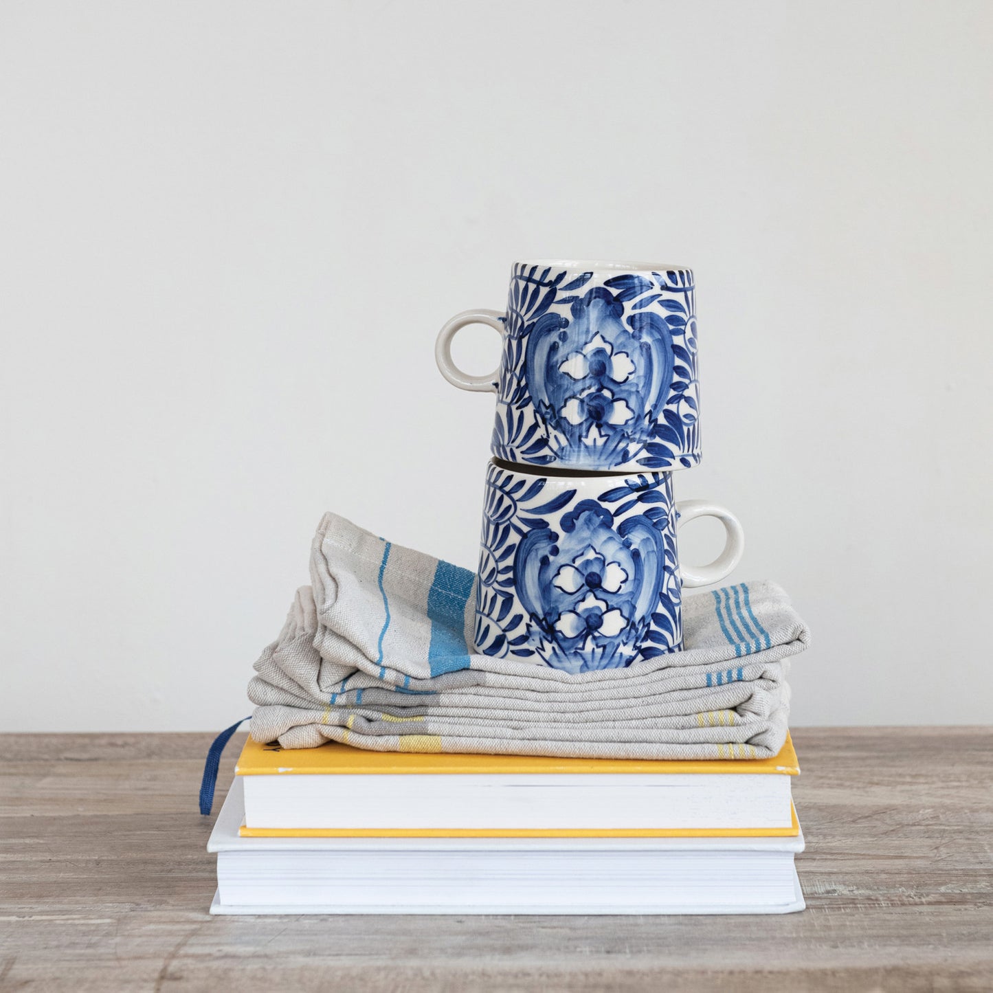 10 oz Hand-Painted Stoneware Mug - Cream | Blue