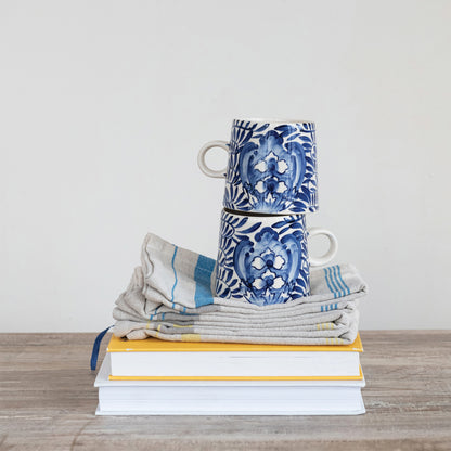 10 oz Hand-Painted Stoneware Mug - Cream | Blue