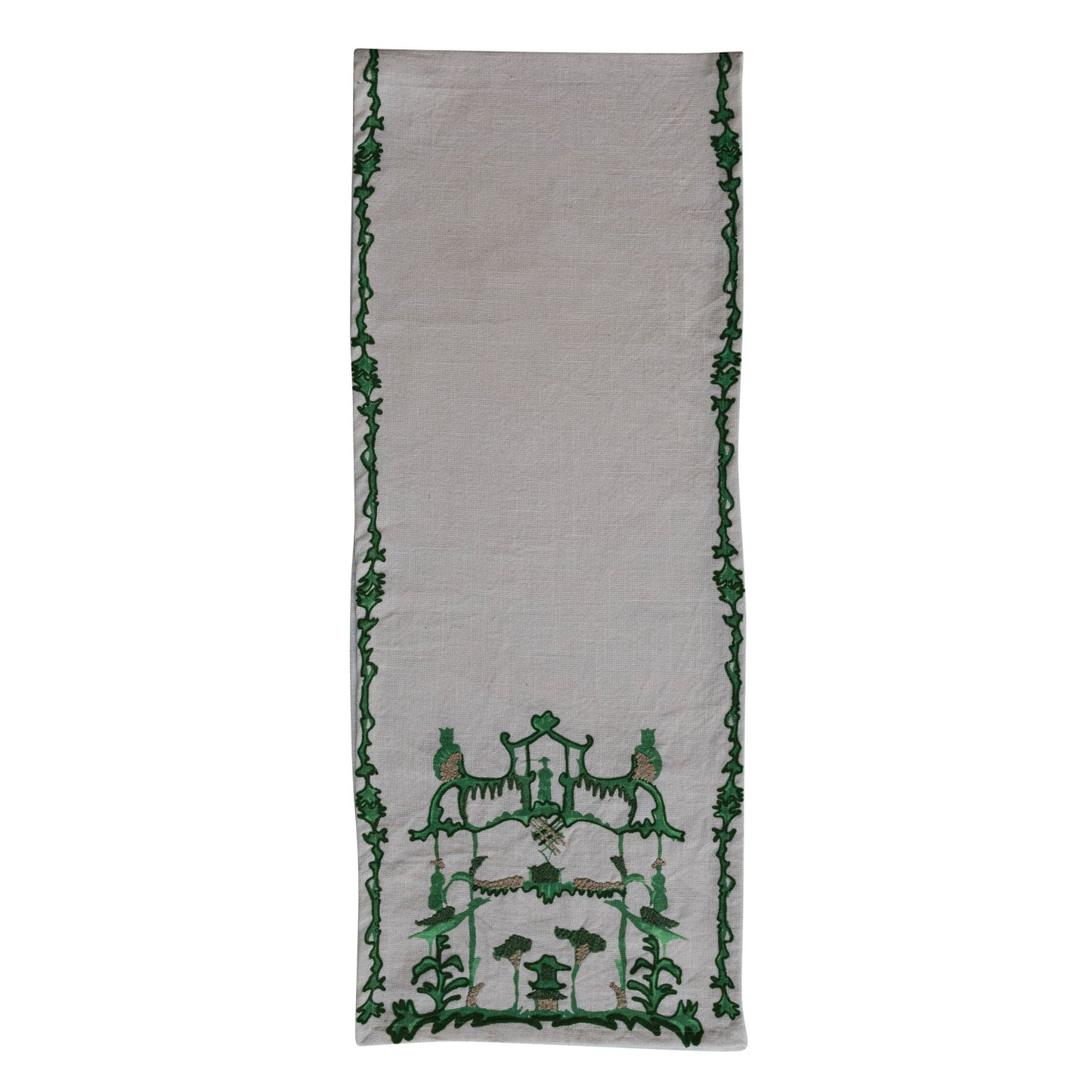 Woven Cotton Slub Table Runner w/ Embroidery - Cream & Green