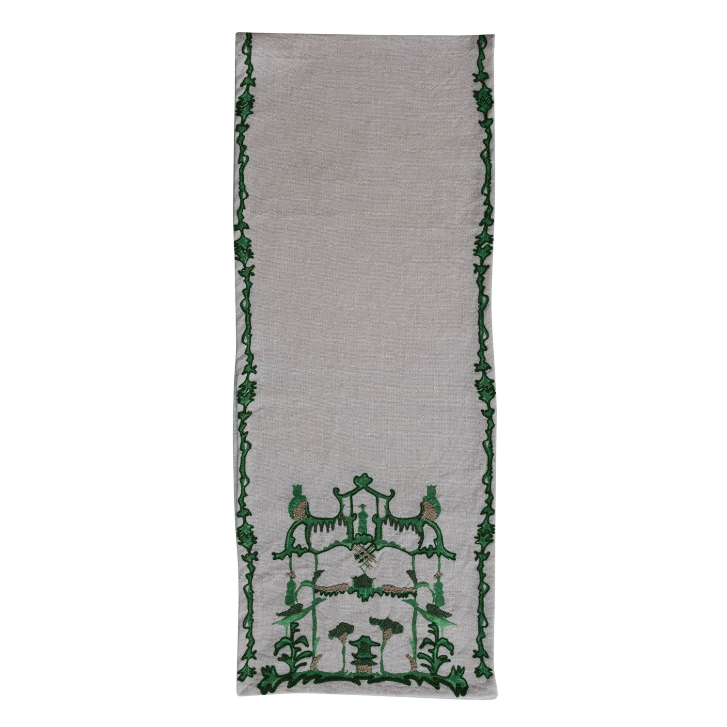 Woven Cotton Slub Table Runner w/ Embroidery - Cream & Green