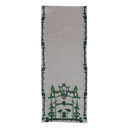 Woven Cotton Slub Table Runner w/ Embroidery - Cream & Green