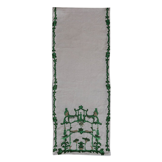 Woven Cotton Slub Table Runner w/ Embroidery - Cream & Green