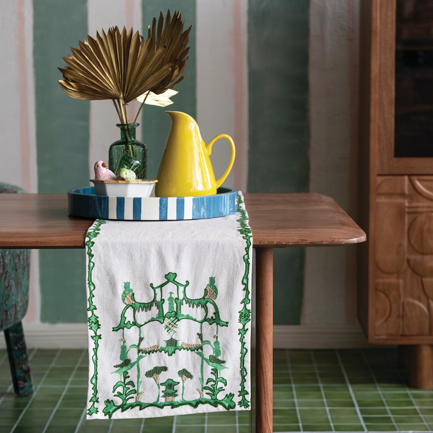 Woven Cotton Slub Table Runner w/ Embroidery - Cream & Green