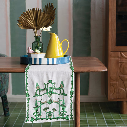 Woven Cotton Slub Table Runner w/ Embroidery - Cream & Green