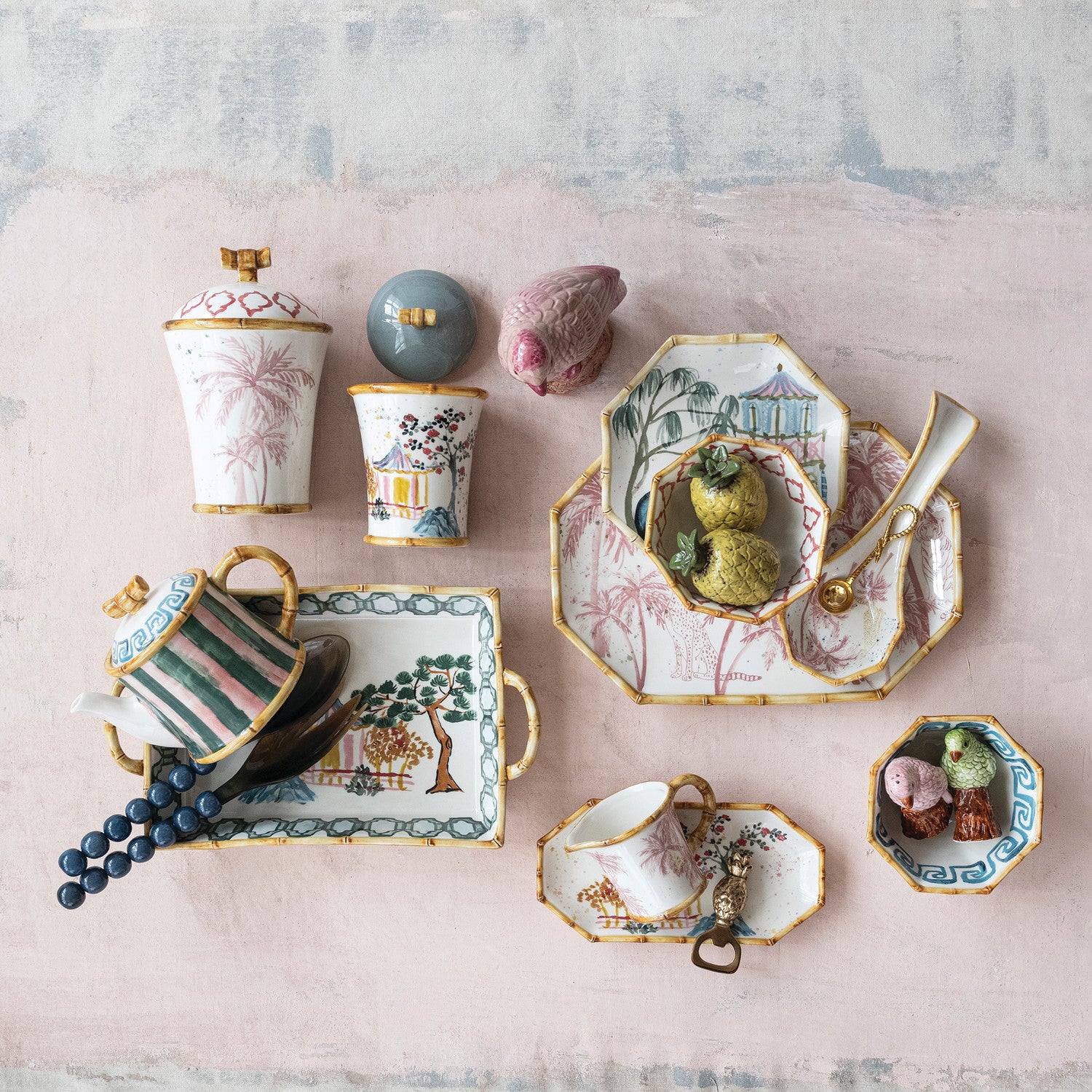 Hand-Painted Stoneware Octagon Shaped Bowl with Pattern & Bamboo Style Rim