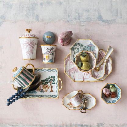 Hand-Painted Stoneware Octagon Shaped Bowl with Pattern & Bamboo Style Rim