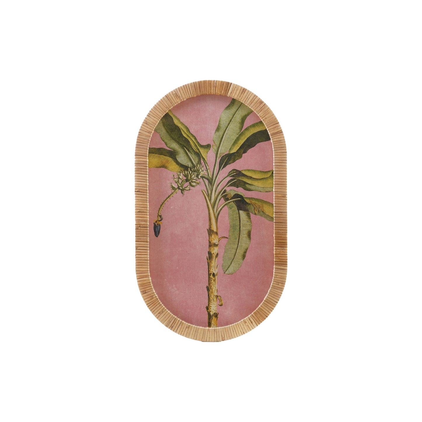 Oval Rattan Wrapped Wood Framed Glass Wall Decor w/ Palm Tree