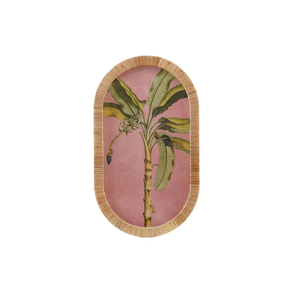 Oval Rattan Wrapped Wood Framed Glass Wall Decor w/ Palm Tree