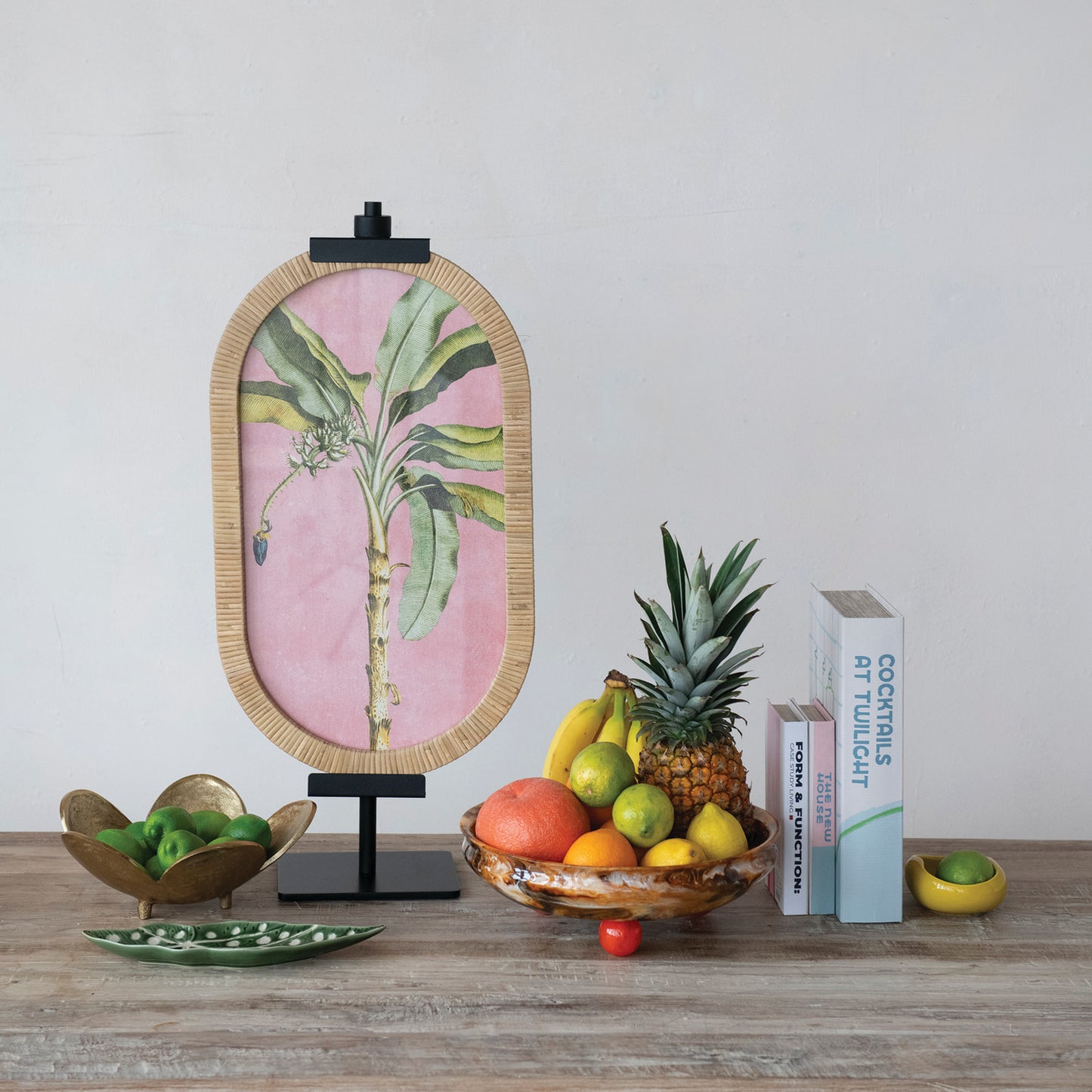 Oval Rattan Wrapped Wood Framed Glass Wall Decor w/ Palm Tree