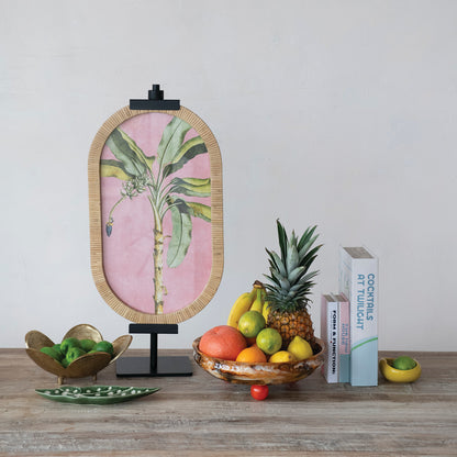 Oval Rattan Wrapped Wood Framed Glass Wall Decor w/ Palm Tree