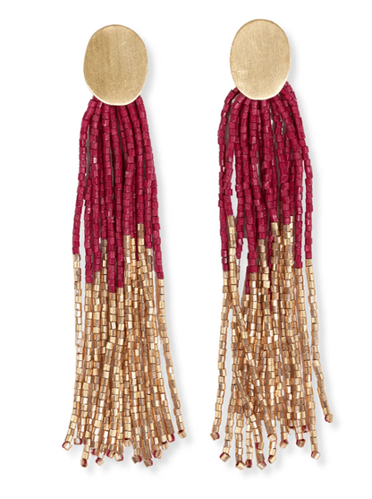 Mae Oval Brass Post 2-Color Beaded Tassel Earrings