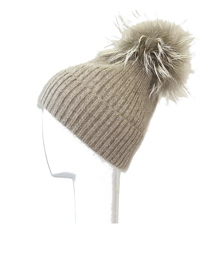 Sequin Beanie w Fur Pom Pom