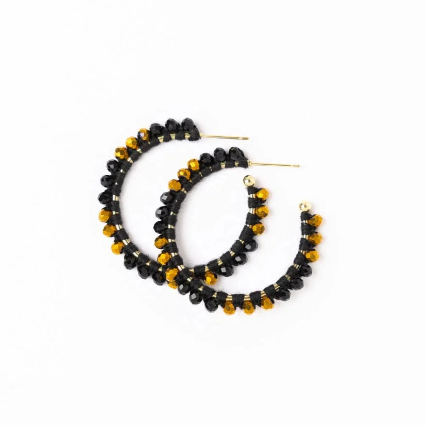 Game Day Crystal Threaded Beads Hoop Earrings | Black + Gold