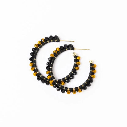 Game Day Crystal Threaded Beads Hoop Earrings | Black + Gold