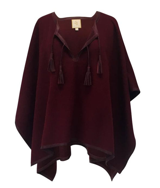 Leather Trim Baby Alpaca Poncho - Burgundy