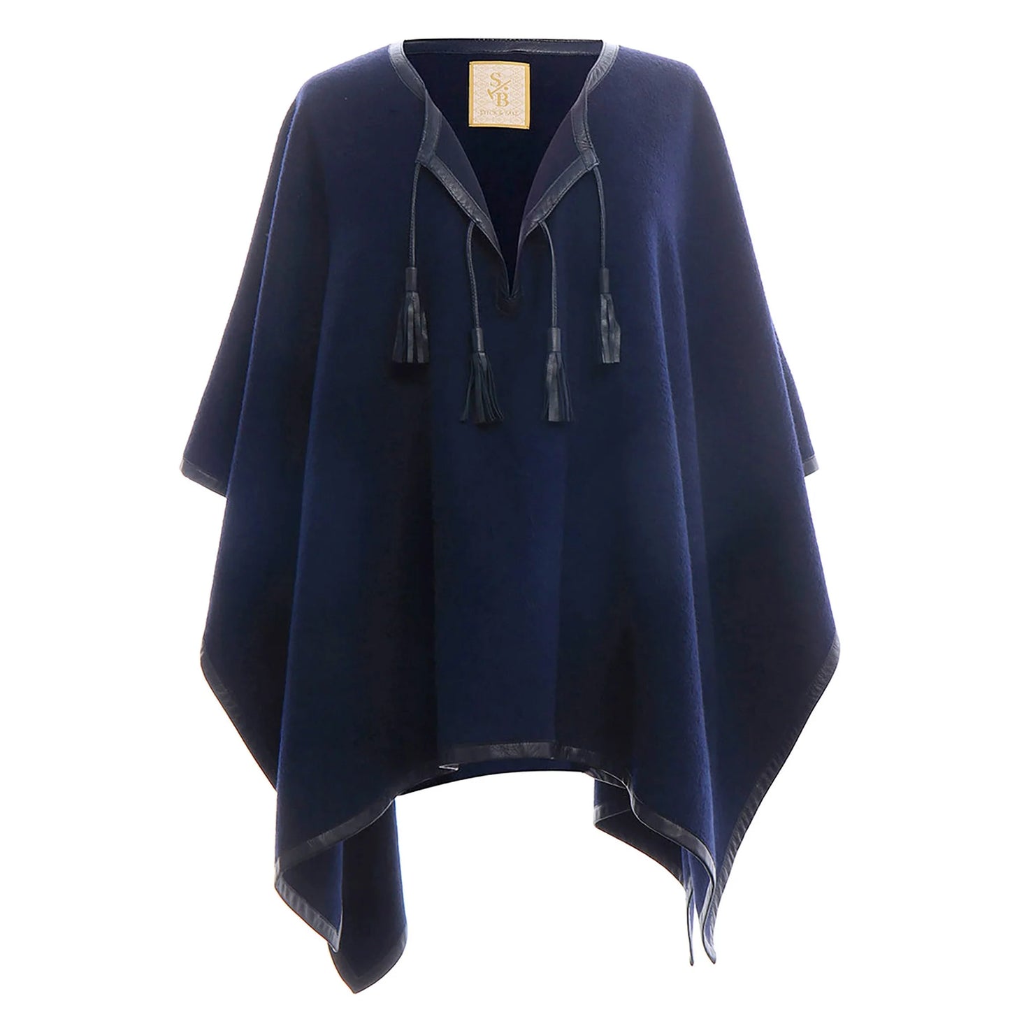 Leather Trim Baby Alpaca Poncho - Navy