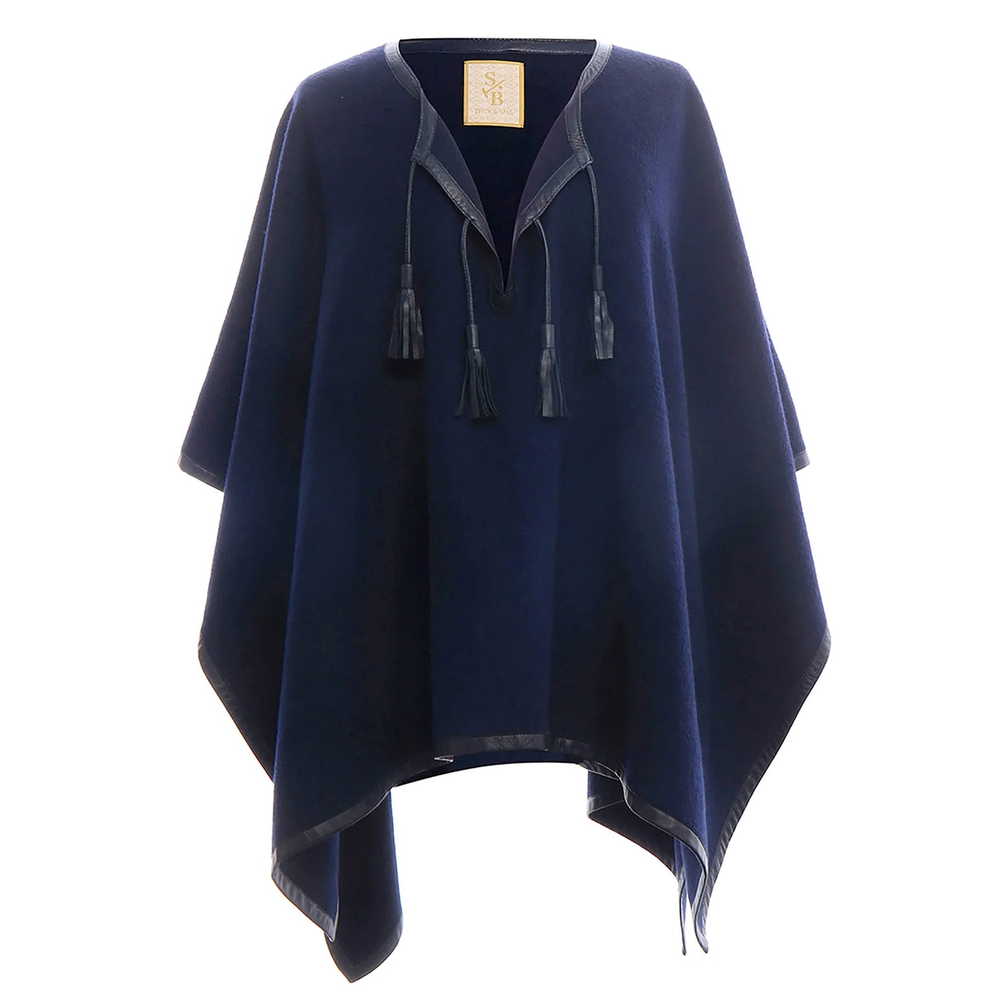 Leather Trim Baby Alpaca Poncho - Navy