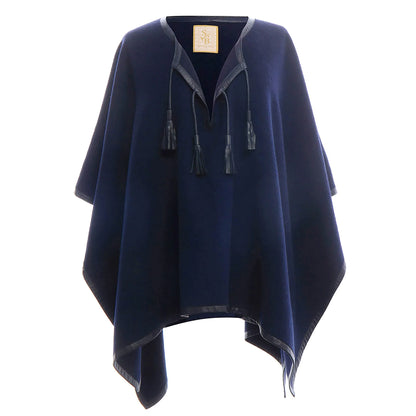 Leather Trim Baby Alpaca Poncho - Navy