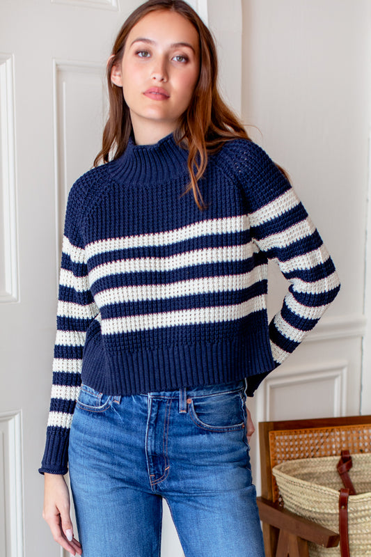 Boxy Funnel Neck Sweater - Navy | Ivory Stripe